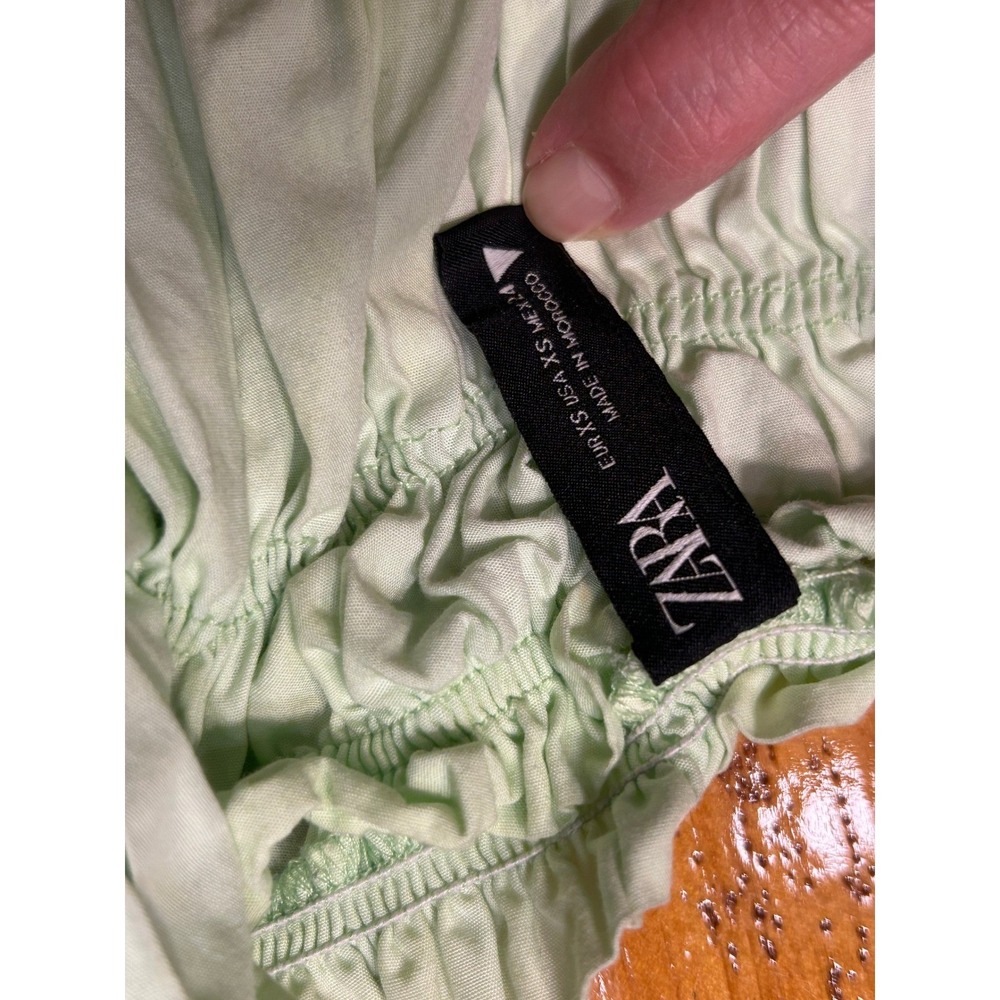 Zara Womens Smocked Puff Sleeve Crop Top Mint Green Ruffle Square Neck XS - Picture 4 of 9